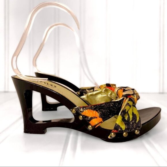 BROWNS BRAVO FLORAL WOODEN WEDGE  SUMMER MULTICOLOURED GOLD STUDS SANDALS - Picture 6 of 16